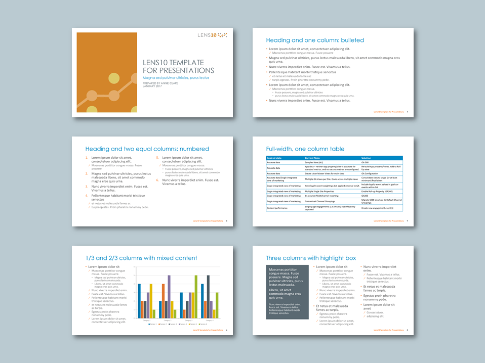 PowerPoint widescreen presentation template for digital strategy consultancy. Client: Lens10