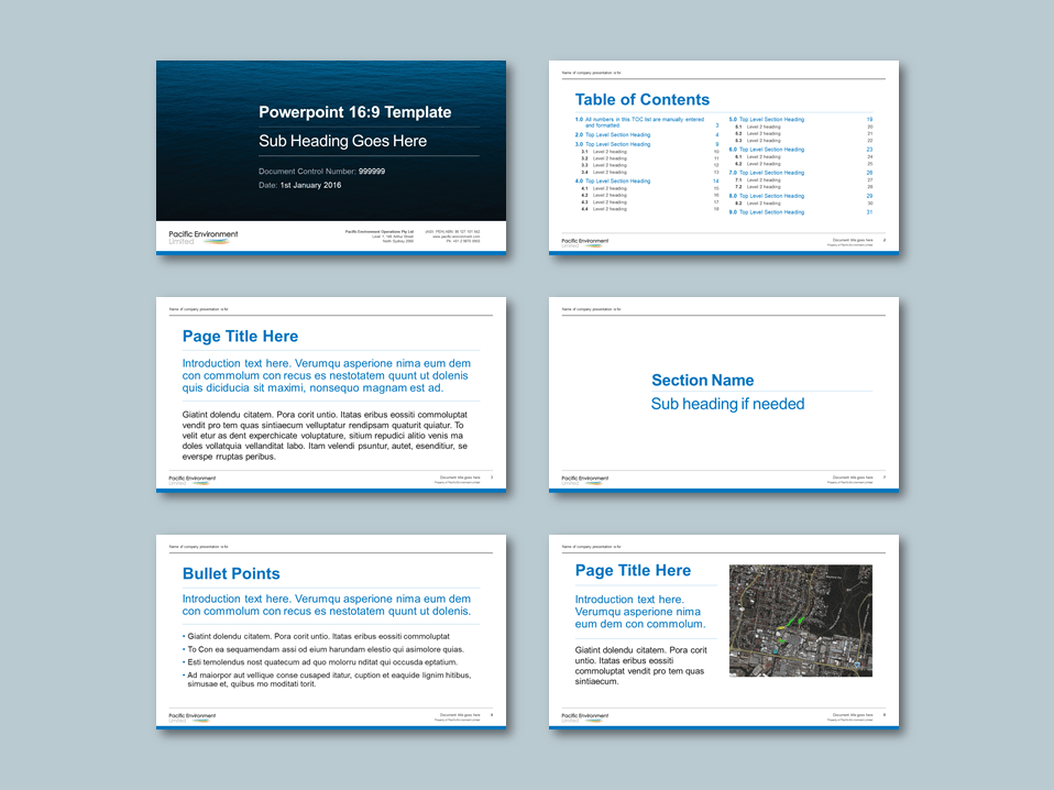 InDesign to PowerPoint widescreen presentation template for environmental technology consultancy. Client: Pacific Environment