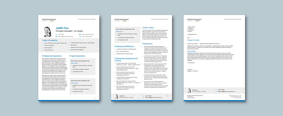 InDesign to Word cv and letterhead templates for environmental technology consultancy​. Client: Pacific Environment