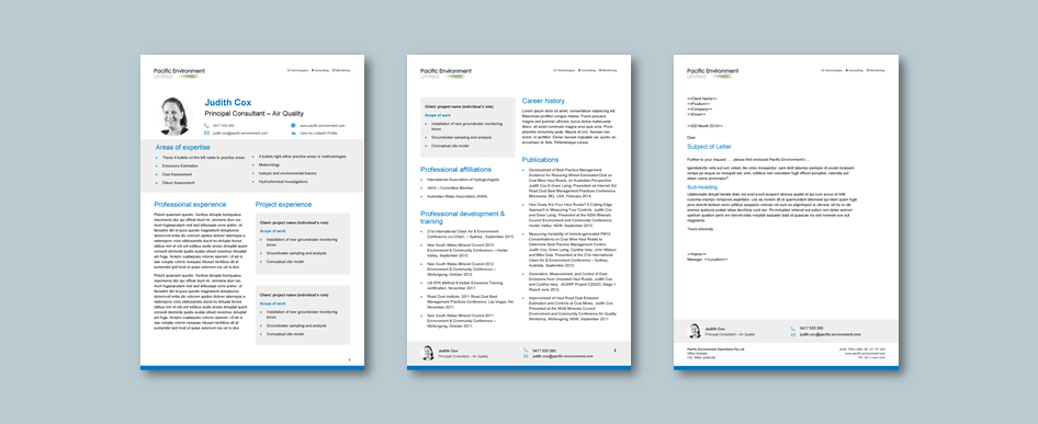InDesign to Word cv and letterhead templates for environmental technology consultancy. Client: Pacific Environment
