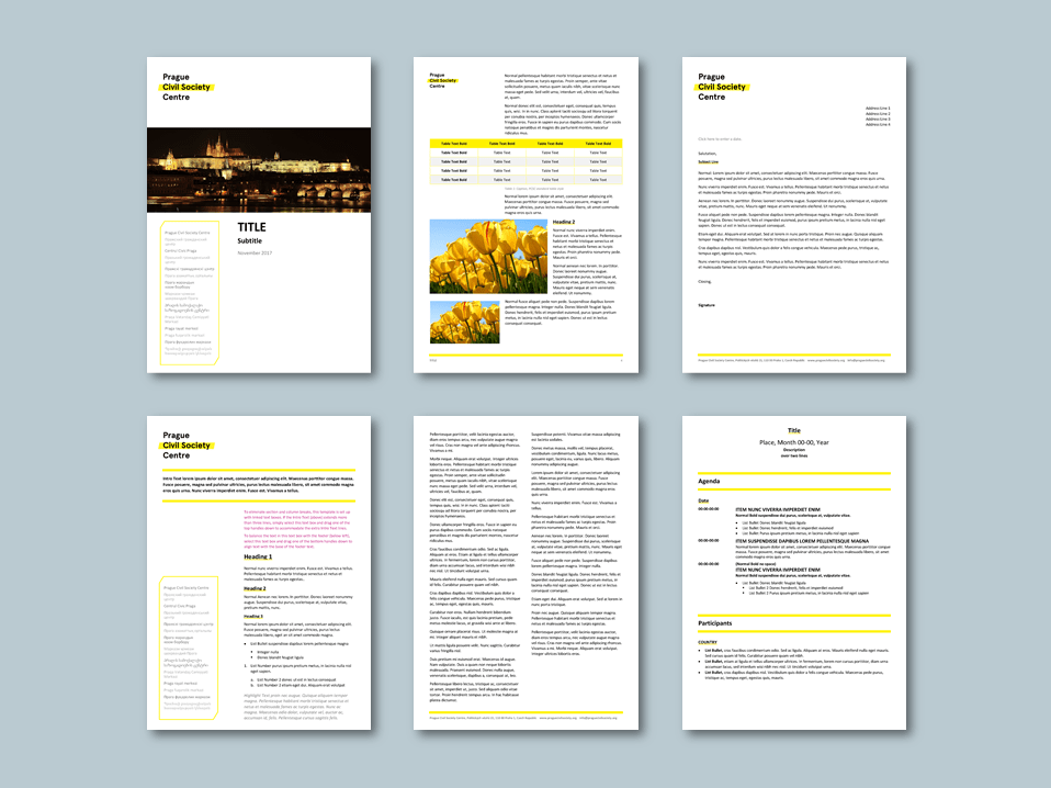 Word report and stationery templates for civil society ngo. Client: Prague Civil Society Centre (PCSC)