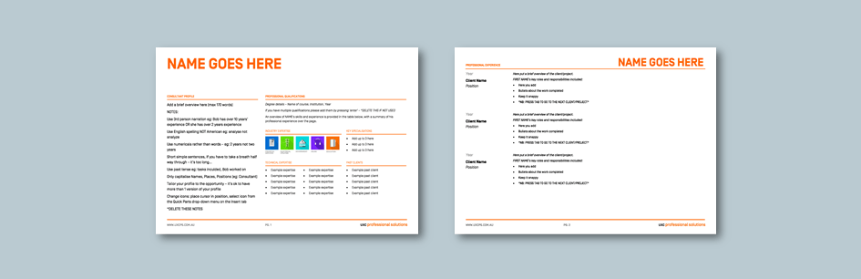 InDesign to Word consultant profile for professional solutions services​. Client: UXC Professional Solutions