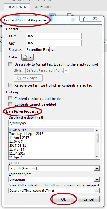 How to change the date format in Word. The Content Control Properties dialog box.
