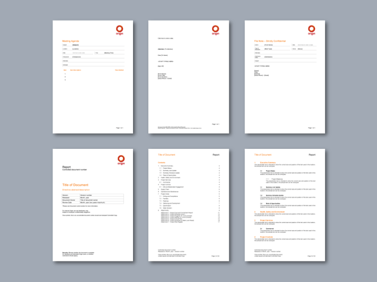 Origin Energy Word agenda, letterhead, file note, and report templates for energy retailer