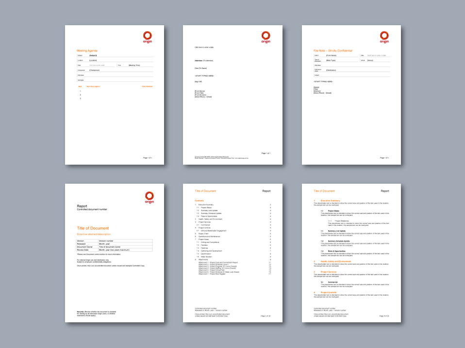 Origin Energy Word agenda, letterhead, file note, and report templates for energy retailer