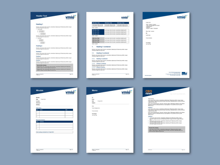 VMIA Word report, letterhead, minutes, memo, and newsletter templates for insurance authority