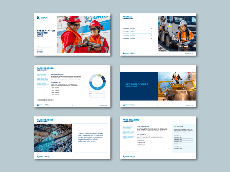 Orica InDesign to PowerPoint presentatin template for mining infrastructure solutions provider